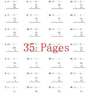 Può includere: Un foglio di lavoro con problemi misti di addizione e sottrazione in formato verticale. Il testo "35 Pages" è sovrapposto. I problemi sono entro 100, con spazio per classe, nome, tempo e punteggio.