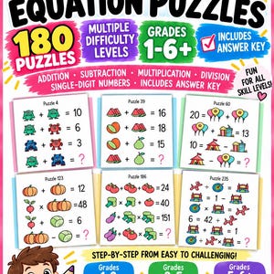 Könnte beinhalten: Ein 91-seitiges Mathe-Rätselbuch mit 180 Gleichungsrätseln für die Klassen 1-6+. Das Cover zeigt bunten Text, mathematische Operationen und Beispielrätsel mit Symbolen wie Monstern, Obst und Luftballons. Es enthält einen Lösungsschlüssel.