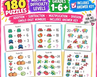 May include: A 91-page math equation puzzle book featuring 180 puzzles for grades 1-6+. The cover displays colorful text, math operations, and sample puzzles with icons like monsters, fruit, and balloons. It includes an answer key and is a printable PDF.