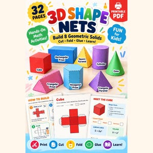 Peut inclure: Un ensemble éducatif PDF imprimable intitulé 3D SHAPE NETS comprenant 32 pages d'activités mathématiques pour construire 8 solides géométriques, dont un cube, un prisme rectangulaire, une pyramide carrée, un cylindre, un cône et des prismes.
