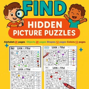 May include: A set of 70 printable "Look & Find" hidden picture puzzles for children. The puzzles feature different themes, including letters, shapes, colours, and objects. Each puzzle includes an answer key.