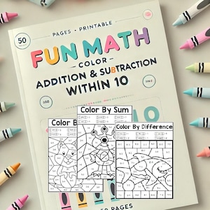 May include: Three printable coloring pages with a black and white outline of a cat, a monster, and a shark. The pages are titled "Color By Sum", "Color By Difference", and "Color B". The pages are part of a set of 50 printable pages for addition and subtraction within 10.