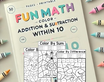 Puede incluir: Tres páginas para colorear imprimibles con un contorno en blanco y negro de un gato, un monstruo y un tiburón. Las páginas se titulan "Color By Sum", "Color By Difference" y "Color B". Las páginas forman parte de un conjunto de 50 páginas imprimibles para la suma y la resta dentro de 10.
