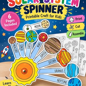 Puede incluir: Un kit de manualidades imprimible del sistema solar con un sol central amarillo y brazos giratorios etiquetados con los nombres de los planetas: Mercurio, Venus, Tierra, Marte, Júpiter, Saturno, Urano y Neptuno, además de la luna. Texto: Solar System Spinner.