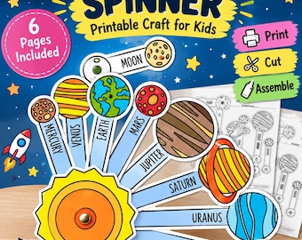 May include: A printable solar system spinner craft featuring a central yellow sun with rotating arms labeled with the names of the planets: Mercury, Venus, Earth, Mars, Jupiter, Saturn, Uranus, and Neptune, plus a moon. Includes text: Solar System Spinner.