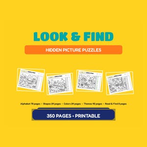 Może przedstawiać: Produkt cyfrowy zatytułowany LOOK & FIND HIDDEN PICTURE PUZZLES na żółtym tle. Zawiera cztery czarno-białe arkusze aktywności z ilustracjami i listami kontrolnymi, łącznie 350 stron do druku, w tym alfabet, kształty, kolory, motywy oraz sekcje czytania i wyszukiwania.