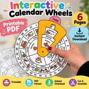 Puede incluir: Ruedas de calendario interactivas en PDF imprimible con 6 páginas para descarga instantánea. El gráfico circular muestra días, meses, estaciones e iconos meteorológicos con un puntero amarillo giratorio. Texto: Interactive Calendar Wheels, Today, Printable PDF.