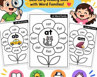 May include: A set of 33 printable word family posters featuring cartoon characters and flower-shaped diagrams. Each page displays a central word family like -ab, -at, or -am surrounded by related words. The text includes Word Family Posters.