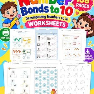 Puede incluir: Un recurso educativo digital titulado Number Bonds to 10 que contiene 188 páginas de hojas de trabajo imprimibles. La portada muestra dibujos animados de niños, texto colorido y ejemplos de ejercicios matemáticos de descomposición.