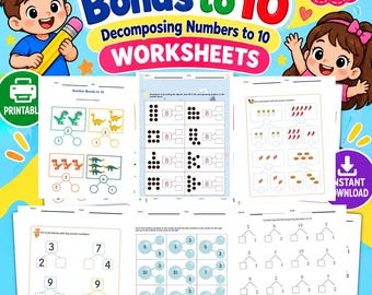 May include: A digital educational resource titled Number Bonds to 10 featuring 188 pages of printable worksheets. The cover displays cartoon children, colorful text, and examples of math exercises including number bonds, counting, and number decomposition.
