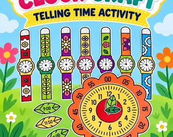 May include: A digital activity sheet titled Flower Clock Craft Telling Time Activity featuring seven colorful illustrated wristwatches, a large orange flower-shaped clock face with leaf hands, and three leaf-shaped time labels on a green background.