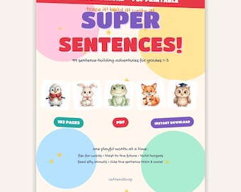 102 Pages-Super Sentences Writing Games | Sentence Building Activities for Grades 1-3 Trace Write and Draw ELA Printables | Instant Download