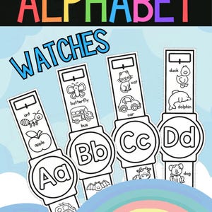 May include: Colorful educational alphabet watches with the letters A, B, C, and D. Each watch features a corresponding image and word, such as "ant," "apple," "butterfly," and "bus." The word "ALPHABET" is at the top.