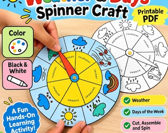 May include: A printable PDF craft activity titled Weather & Days Spinner Craft featuring two circular paper wheels. One wheel is colored with yellow, blue, and red sections showing days of the week and weather icons, while the other is black and white.