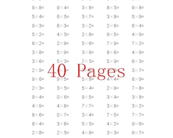 Könnte beinhalten: Ein weißes Arbeitsblatt mit Multiplikationsaufgaben zur Übung des Kopfrechnens. Der Text "Multiplication Table Mental Math Practice" steht oben. Das Arbeitsblatt hat Spalten für Klasse, Name, Zeit und Ergebnis. Der Text "40 Pages" ist ebenfalls sichtbar.
