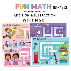 80 Pages-Fun Math - Colorful Crosswords - Addition & Subtraction Within 20 - Printable