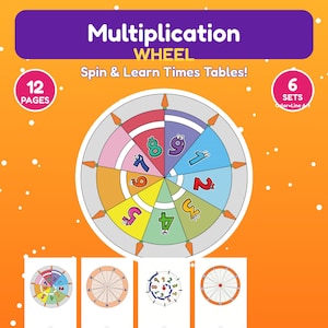 May include: A Multiplication Wheel educational tool featuring a colorful circular chart with numbers one through nine, carrot icons, and the text Multiplication WHEEL Spin & Learn Times Tables! 12 PAGES 6 SETS Color+Line Art.