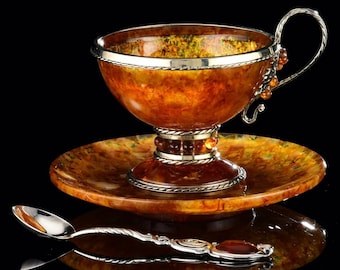 Unique Tea set made of amber and Jewelry bronze  Grapes, Vintage tea cup, Amber saucer , Bronze Amber spoon, Amber Decor art, Luxury gift