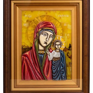 Hand painted icon with natural Baltic amber Blessed Virgin |Religious Home decor|Amber Mother of god|Decorative interior