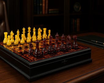 Deluxe Handmade Amber Chess Set – Luxury Gift with Hand-Carved Amber Pieces & Wooden ChessBoard Checkers Amber Premium Chess