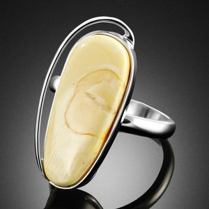 Royal White Baltic Amber Ring: Handmade Sterling Silver Jewelry