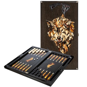 Luxury backgammon board made of Stained oak and amber Wolf,Wood Backgammon,Amber Checkers ,Amber Dices cubes,Premium backgammon