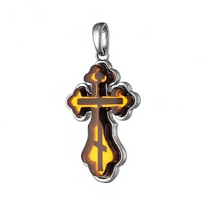 Small Orthodox cross pendant with natural cognac amber in silver, crucifix Silver Amber Cross Pendant,Amber Jewelry Gift