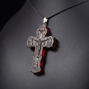 Large silver Orthodox cross with natural amber carving,Amber Cross necklase,Crucifixion Pendant,Amber Jewelry Gift,Religious Gift