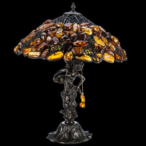 Table lamp made of amber and bronze Aquarius,Unick handmade amber table lamp,Gemstone night lamp,Lighting ambe,Home decor
