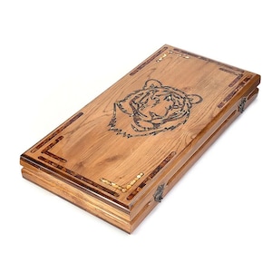 Large double-sided backgammon in an oak board with amber mosaic Tiger,Custom Backgammon,Amber Dices, Premium backgammon board, Game gift