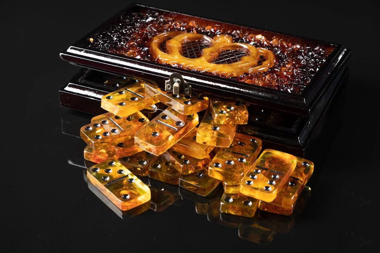 Domino set made of natural amber with chips in box-casket Golden Crown |Natural Baltic Amber domino game set |Amber bones Chips| Amber Chips