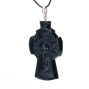 Carved black matte amber cross The Almighty on  silver curtain,Amber carved Cross,crucifix Pendant,Amber Jewelry Gift