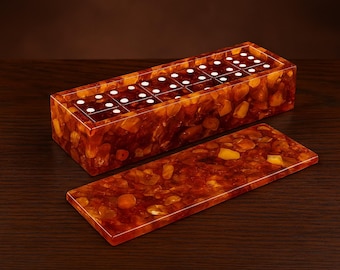 Luxury Amber Domino Set – Natural Baltic Amber Chips in Hand-Carved Amber Box | Collector&#39;s Game Gift|Amber bones Chips |Unique game gift