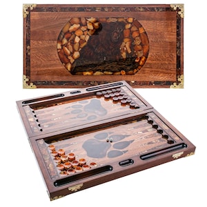Luxury backgammon board made of wood and baltic amber carving Bear|Amber Backgammon chips|Checkers Amber Dices cubes|Board Game| Vip Gift