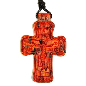 Carved Orthodox cross made of natural amber with silver curtain,crucifix cherry Amber Cross Pendant,Handmade Amber Jewelry Gift