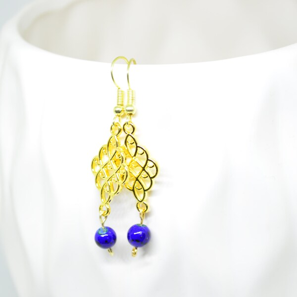 Blue Earrings, Gold Earrings, Pendant Earrings, Dangle Earrings, Pearl Earrings,  ,