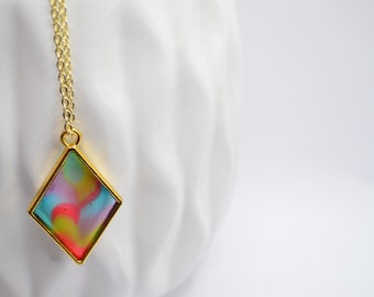 Rainbow Resin Diamond pendant Gold Necklace