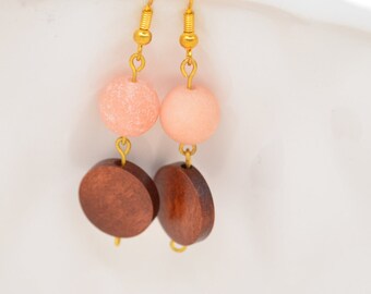 Brown/Pink wood beaded earrings