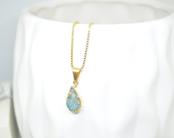 Gold Necklace, Teardrop Necklace, Pendant Necklace, Druzy Necklace, Charm Necklace, Blue Necklace