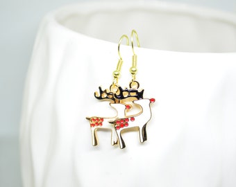 Christmas Clearance - Reindeer Earrings, Gold Earrings, Christmas Earrings, Charm Earrings