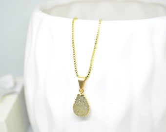 Druzy Necklace, Gold Necklace, Charm Necklace, Pendant Necklace, Teardrop Necklace, Green Necklace