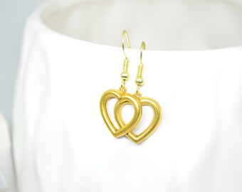 Heart Earrings, Gold Earrings, Dangle Earrings, Charm Earrings