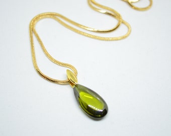 Green Necklace, Gold Necklace, Pendant Necklace, Teardrop Necklace,  ,