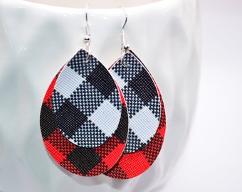 White, red and black  Buffalo teardrop faux leather Earrings