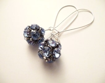 Blue Earrings, Rhinestone Earrings, Round Earrings