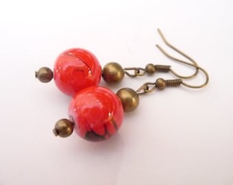 Red Geisha Bead Earrings with Copper Earwires