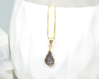 Druzy Necklace, Gold Necklace, Teardrop Necklace