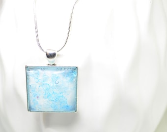 Blue pendant necklace, square pendant necklace, Resin pendant necklace, Silver necklace