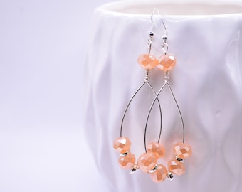 Silver and Peach glass crystal teardrop earrings