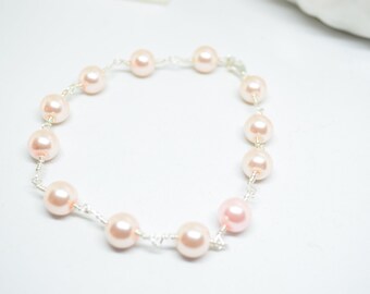 Pulsera de perlas rosas: perlas de vidrio envueltas en alambre de plata